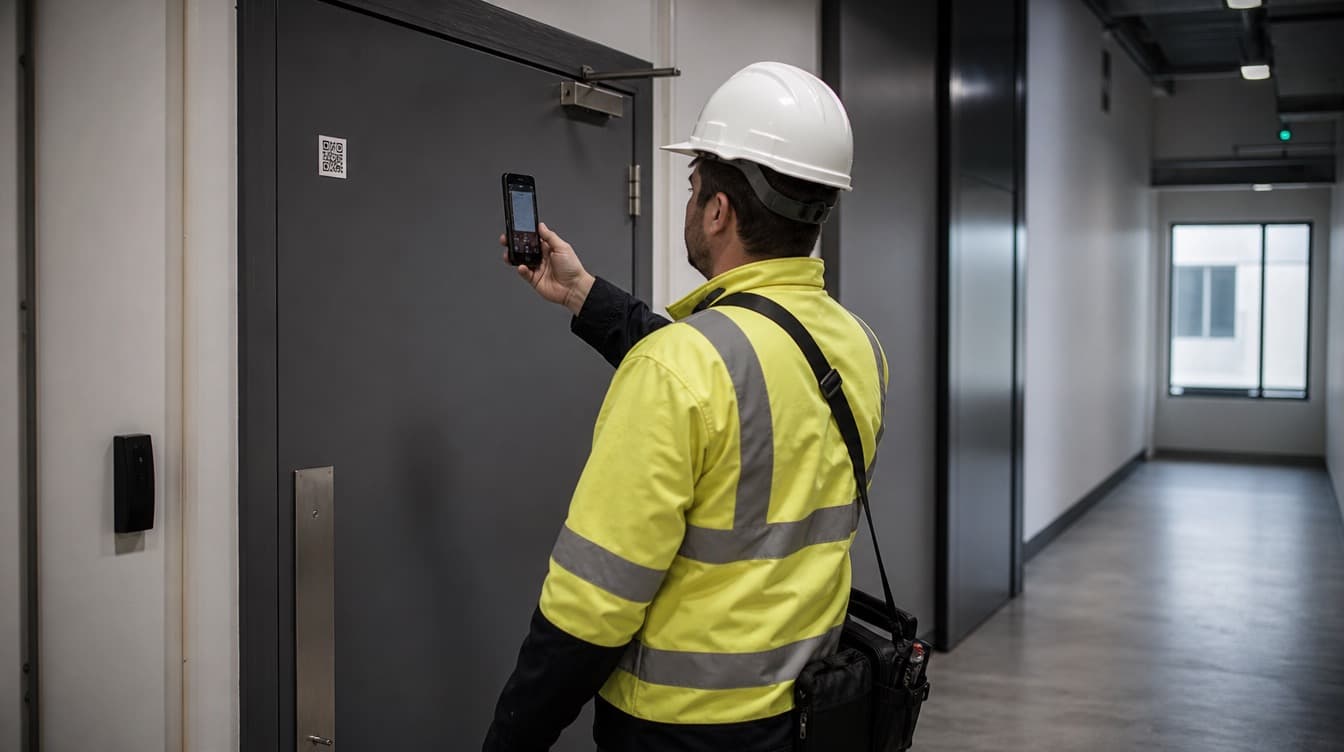 Technician scanning a QR code tag on a fire door installation