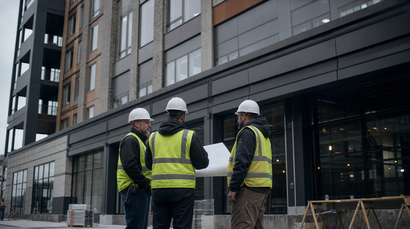 Technicians outside a modern commercial development