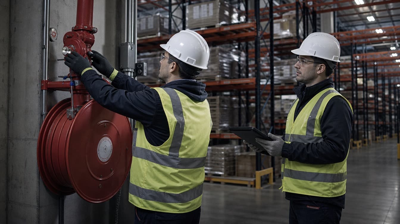 Technicians working inside a large logistics warehouse