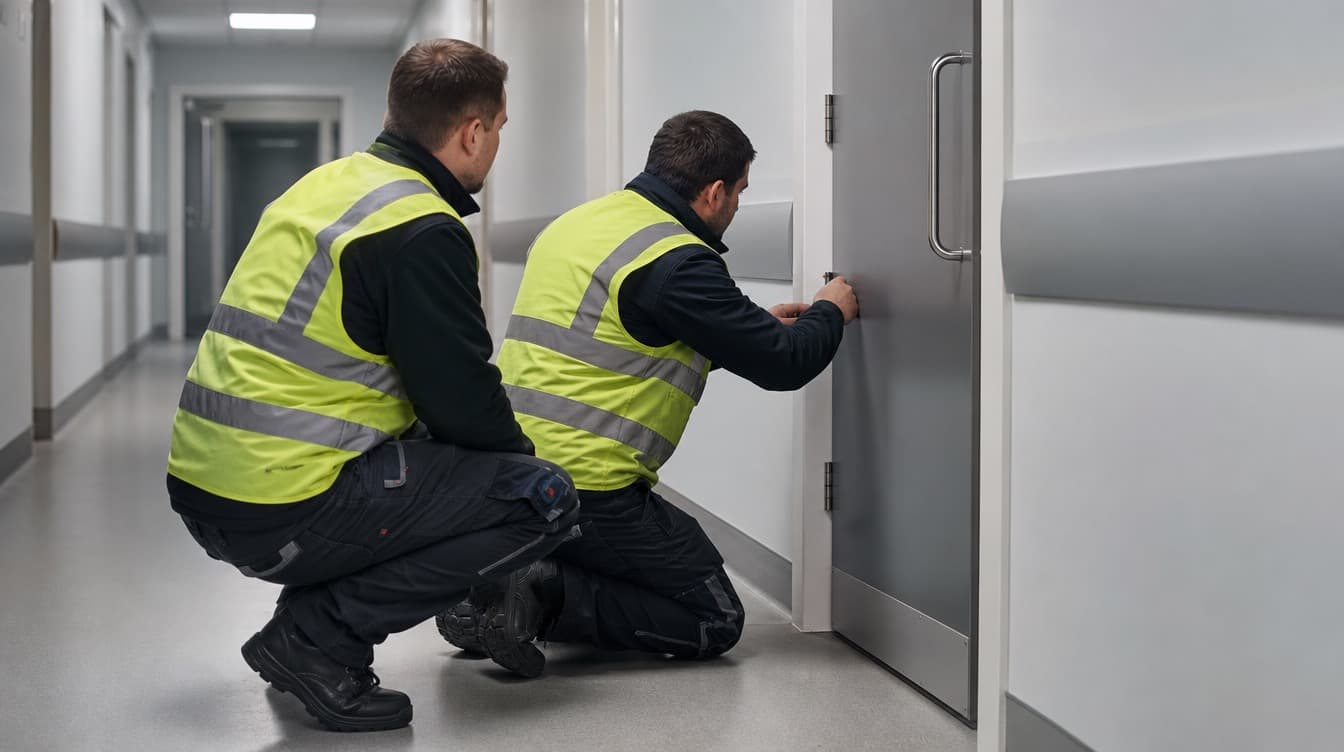 Technicians working near a fire door in a hospital corridor