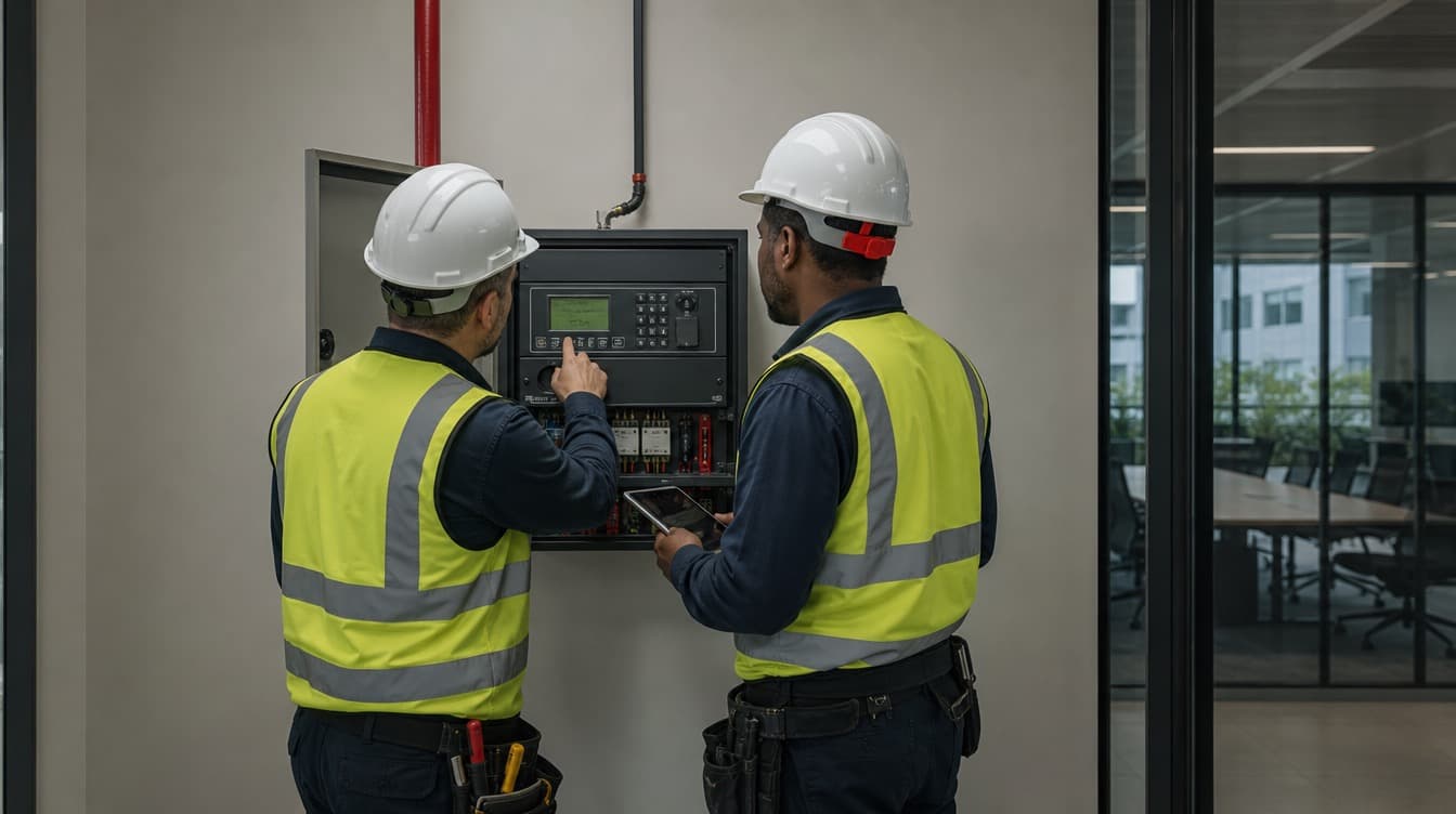 Technicians reviewing a fire alarm control panel