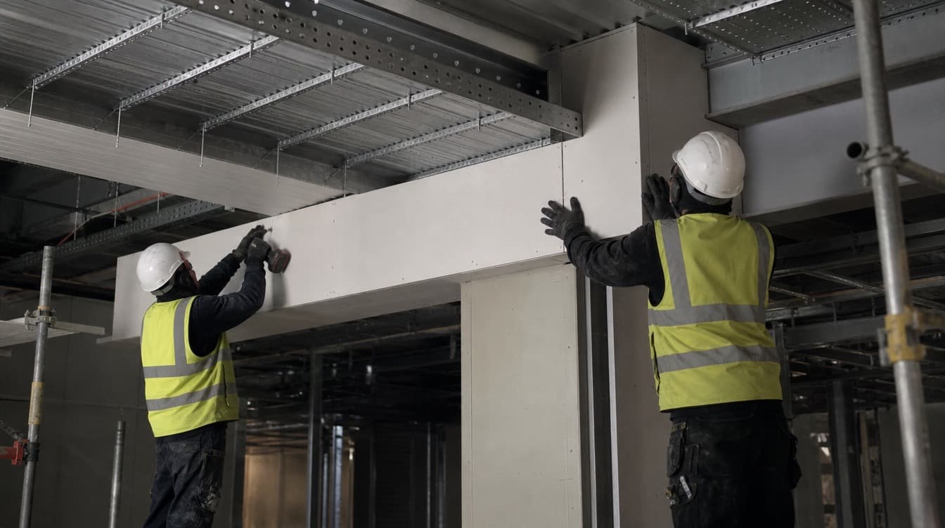 Technicians installing fire board encasement on structural steel
