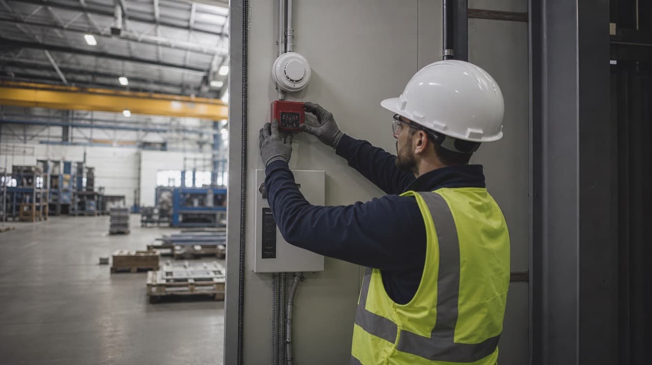 Technician installing a fire alarm detector in an industrial facility