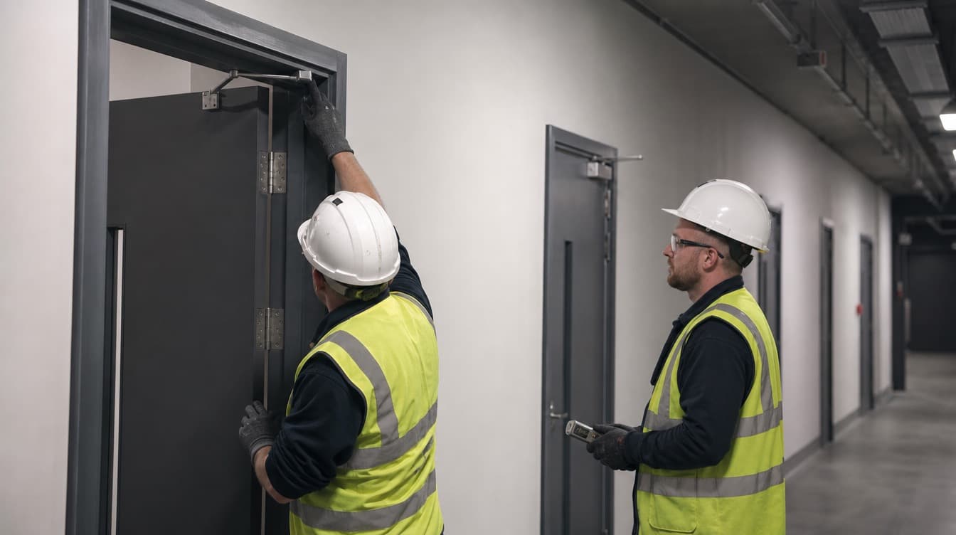 Technicians inspecting a fire-rated door in an institutional corridor