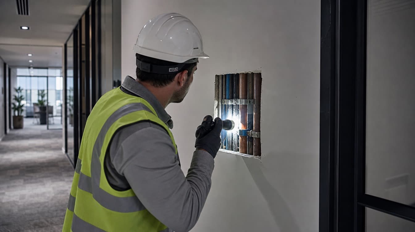Technician inspecting fire compartmentation in a commercial building