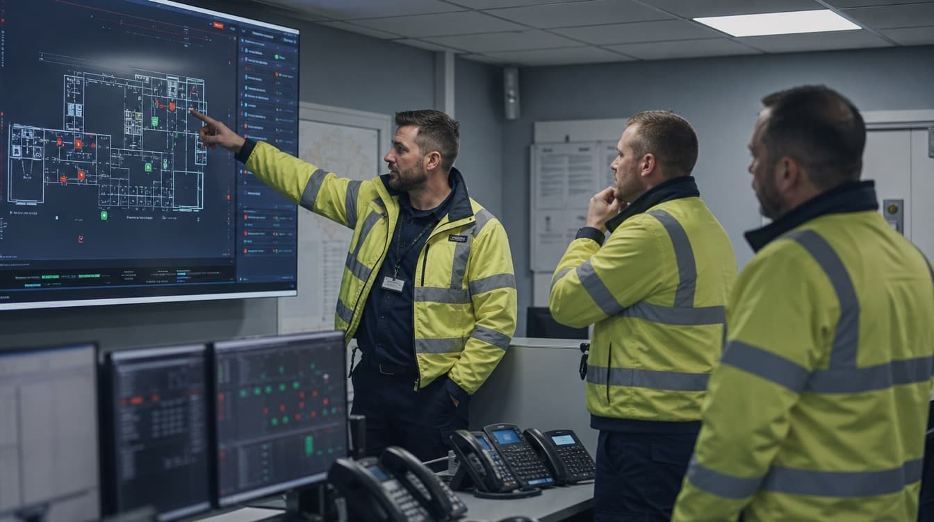 Technicians reviewing a digital fire risk dashboard