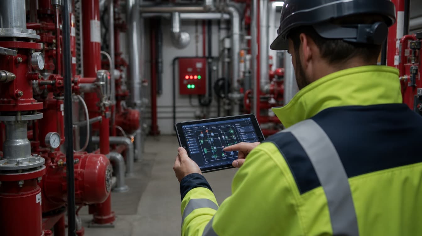 Technician viewing a digital fire safety monitoring dashboard